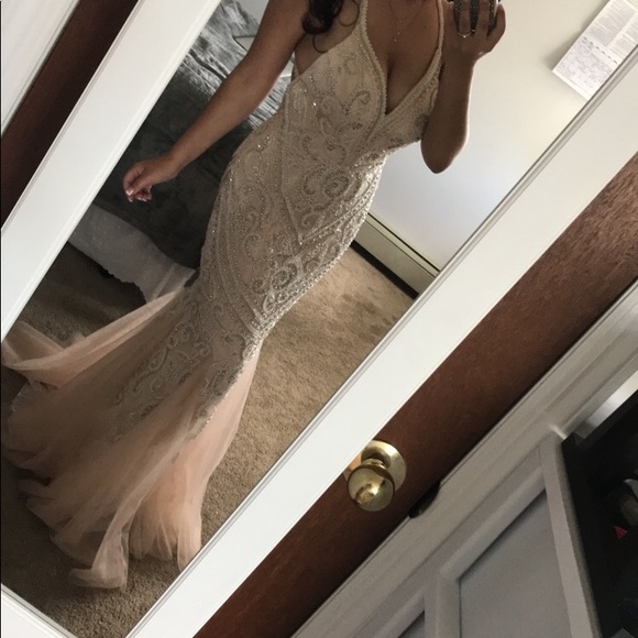 Mori Lee champagne mermaid beaded prom dress - Picture 4 of 8